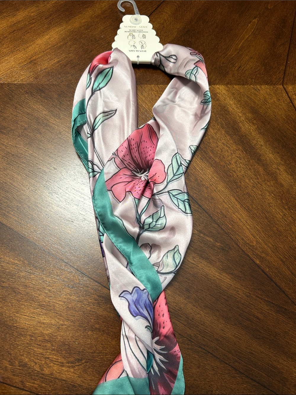 Floral Satin Neck Scarf in Pink & Teal